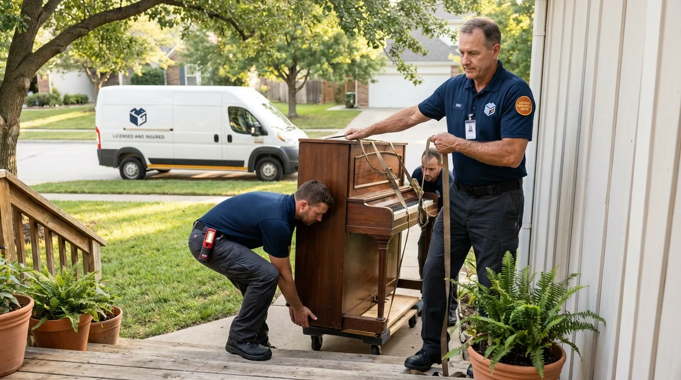 Licensed piano movers securing grand piano in Oberlin, KS