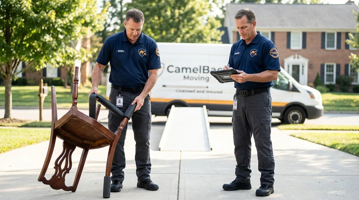 Movers inspecting furniture for damage prevention before loading in Oberlin, KS